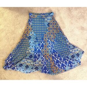 Chicos Midi Skirt Womens Size 0 US Large Blue Patchwork Print Bohemian
